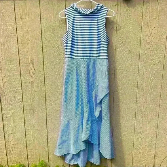 New York & Company Striped Blue White High Low Summer Dress Size 4 - Picture 1 of 6